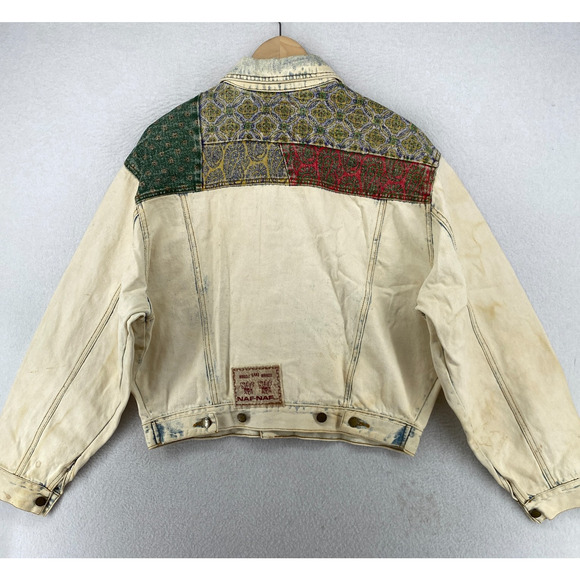 NAF NAF Jacket Mens S Bandana Patchwork Trucker Acid Washed Denim Blue VTG - Picture 3 of 16
